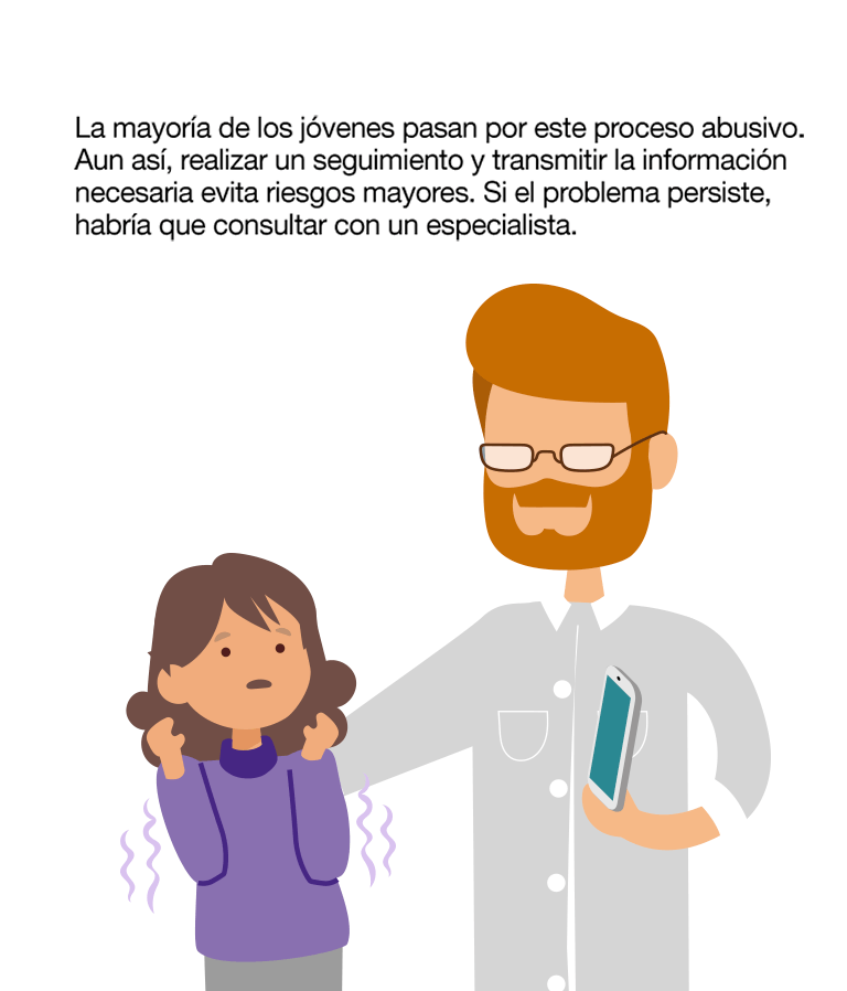 Detectamos un uso abusivo de la tecnología cuando: Necesita estar conectado durante más tiempo para sentirse satisfecho. Se siente deprimido, nervioso o enfadado. Se le pasa cuando usa la tecnología. Pasa mucho tiempo pensando cuándo se conectará de nuevo. No consigue controlar el tiempo que pasa conectado. Ha dejado de lado actividades u obligaciones por estar conectado. Prefiere las relaciones online a las personales. Miente en relación a la frecuencia con la que se conecta. La mayoría de los jóvenes pasan por este proceso abusivo. Aun así, realizar un seguimiento y transmitir la información necesaria evita riesgos mayores. Si el problema persiste, habría que consultar a un especialista. Cómo afrontar el problema: El menor ha instaurado un hábito abusivo de la tecnología y, ahora, tiene que desaprenderlo. No se trata de prohibírselo, sino de que aprenda a usarlo de forma controlada, sustituyendo los hábitos inadecuados por otros más positivos. Fijar metas y plantearle pequeños retos para que recupere el control sobre el tiempo de uso. Hacer una lista de pros y contras de no abusar de la tecnología. Educar en el uso de Internet como fuente de información y formación, no solo de diversión. Terapia familiar donde, entre otras cosas, se asuman los errores y se anime a la colaboración para la recuperación del menor.