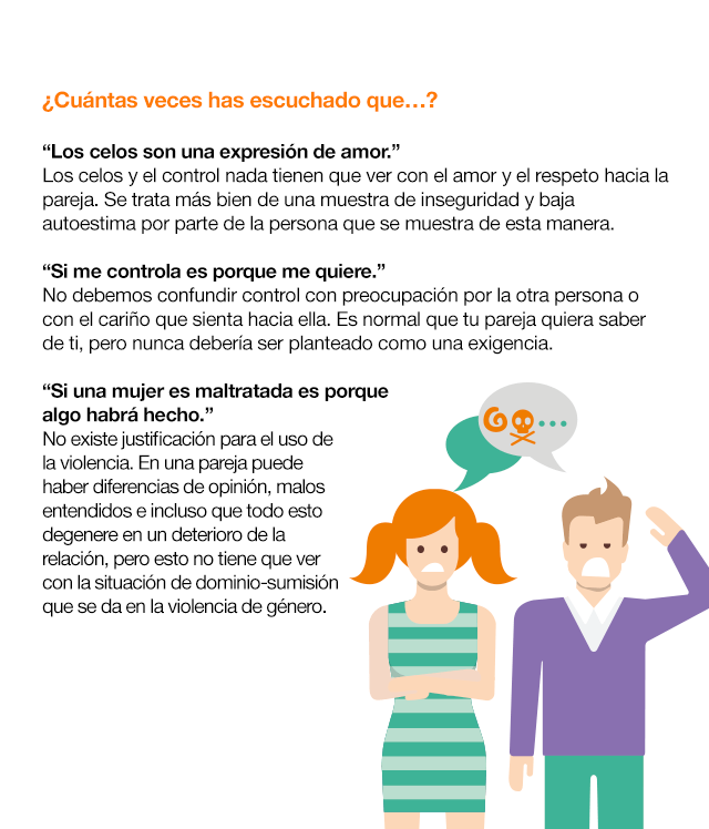 Las relaciones de pareja y sus mitos ¿Cuántas veces has escuchado que…? “Los celos son una expresión de amor.” Los celos y el control nada tienen que ver con el amor y el respeto hacia la pareja. Se trata más bien de una muestra de inseguridad y baja autoestima por parte de la persona que se muestra de esta manera. “Si me controla es porque me quiere.” No debemos confundir control con preocupación por la otra persona o con el cariño que sienta hacia ella. Es normal que tu pareja quiera saber de ti, pero nunca debería ser planteado como una exigencia. “Si una mujer es maltratada es porque algo habrá hecho.” No existe justificación para el uso de la violencia. En una pareja puede haber diferencias de opinión, malos entendidos e incluso que todo esto degenere en un deterioro de la relación, pero esto no tiene que ver con la situación de dominio-sumisión que se da en la violencia de género. “El amor lo puede todo y cambiará.” Es un error tolerar la violencia pensando que es temporal. “La violencia psicológica no es tan grave como la física.” Las humillaciones, las amenazas, las conductas degradantes, el acoso… constituyen una forma de violencia que causa un daño muy grave en la persona.  La dificultad que conlleva en muchos casos demostrar este daño, genera por sí misma un gran malestar en las mujeres que lo sufren. “La violencia de género es cosa de los adultos.” Los Centros de Atención a Mujeres Maltratadas advierten del aumento de casos de adolescentes víctimas de maltrato por parte de sus parejas.En definitiva, estas creencias equivocadas transmiten una idea totalmente errónea y contraria a las relaciones de pareja sanas que impedirán construir una relación sobre la base del respeto y la igualdad.