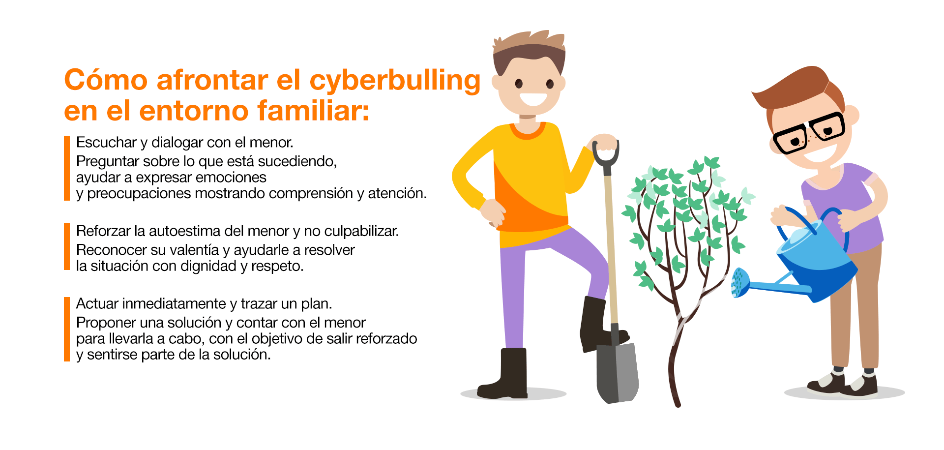 Síntomas o manifestaciones: Cambios físicos y emocionales. Manifestaciones frecuentes de dolencias (dolor de cabeza o estómago). Alteraciones del estado de ánimo. Momentos de tristeza y/o apatía e indiferencia. Síntomas de ansiedad y/o estrés. Comportamientos agresivos. Episodios de enuresis. Cambios de conducta/sociales: En sus actividades de ocio. En su relación con los adultos (dependencia inusual). Con la comida. Hábitos de sueño. Dejar de usar el ordenador y el teléfono. Vacaciones en los grupos de amigos. Autolesiones, amenazas o intentos de suicidio. Cambios en el contexto académico: Se ve involucrado en incidentes dentro de la escuela. Se reduce su capacidad de concentración y atención. Altibajos en el rendimiento escolar. Pérdida de interés en la escuela. Pérdida y/o deterioro de pertenencias físicas y lesiones. Cómo debe actuar la víctima ante el cyberbullying: No contestar a las provocaciones. Bloquear o silenciar al acosador y pedir ayuda a un adulto de confianza. Guardar las pruebas y no sentirse culpable. El acosador siempre es el responsable. Informar al administrador de la web y denunciar ante las Fuerzas y Cuerpos de Seguridad. Cómo afrontar el cyberbullying en el entorno familiar: Escuchar y dialogar con el menor. Preguntar sobre lo que está sucediendo, ayudar a expresar emociones y preocupaciones mostrando comprensión y atención. Reforzar la autoestima del menor y no culpabilizar. Reconocer su valentía y ayudarle a resolver la situación con dignidad y respeto. Actuar inmediatamente y trazar un plan. Proponer una solución y contar con el menor para llevarla a cabo, con el objetivo de salir reforzado y sentirse parte de la solución. Comunicar la situación al colegio. El importante que sea consciente y resuelva el problema junto con os padres, madres o tutores. Y, por supuesto, que procure y garantice la seguridad del menor. Denunciar y buscar la ayuda de expertos. Cuando la situación es grave, hay que denunciar ante la Fiscalía de Menores, Policía o Guardia Civil. Además, abogados, psicólogos, expertos en seguridad infantil… podrán mediar y ayudar al menor.