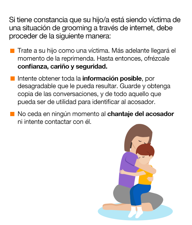 Si tiene constancia que su hijo/a está siendo víctima de una situación de grooming a través de internet, debe proceder de la siguiente manera: Trate a su hijo como una víctima. Más adelante llegará el momento de la reprimenda. Hasta entonces, ofrézcale confianza, cariño y seguridad. Intente obtener toda la información posible, por desagradable que le pueda resultar. Guarde y obtenga copia de las conversaciones, y de todo aquello que pueda ser de utilidad para identificar al acosador. No ceda en ningún momento al chantaje del acosador ni intente contactar con él. Interponga inmediatamente una denuncia en la Brigada de Investigación Tecnológica de la Policía, o en el Grupo de Delitos Telemáticos de la Guardia Civil. Si la situación ha afectado considerablemente a su hijo/a, busque ayuda psicológica. Revise concienzudamente la seguridad de los aparatos, móviles u ordenadores.