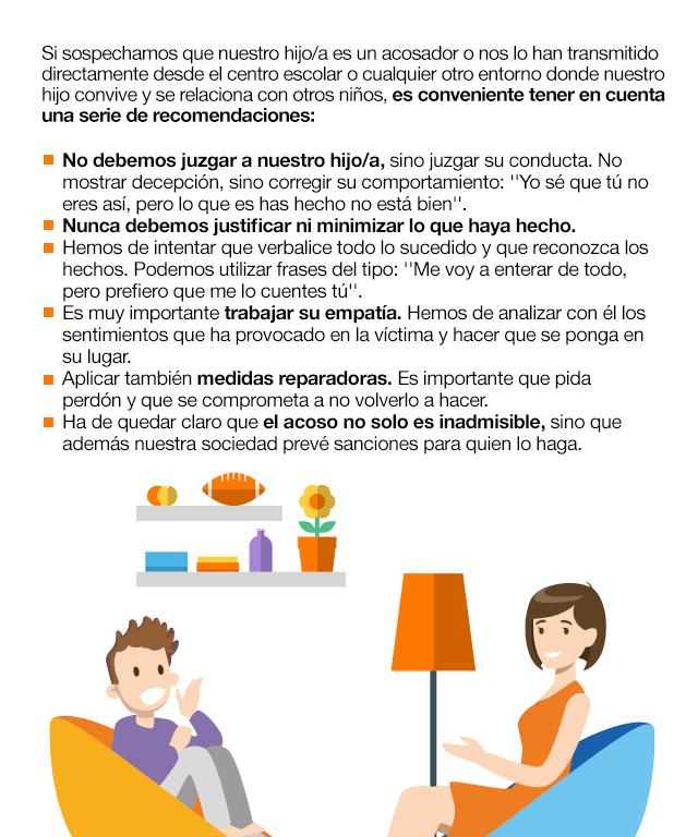 Si sospechamos que nuestro hijo/a es un acosador o nos lo han transmitido directamente desde el centro escolar o cualquier otro entorno donde nuestro hijo convive y se relaciona con otros niños, es conveniente tener en cuenta una serie de recomendaciones: No debemos juzgar a nuestro hijo/a, sino juzgar su conducta. No mostrar decepción, sino corregir su comportamiento: ''Yo sé que tú no eres así, pero lo que es has hecho no está bien''. Nunca debemos justificar ni minimizar lo que haya hecho.  Hemos de intentar que verbalice todo lo sucedido y que reconozca los hechos. Podemos utilizar frases del tipo: ''Me voy a enterar de todo, pero prefiero que me lo cuentes tú''. Es muy importante trabajar su empatía. Hemos de analizar con él los sentimientos que ha provocado en la víctima y hacer que se ponga en su lugar. Aplicar también medidas reparadoras. Es importante que pida perdón y que se comprometa a no volverlo a hacer. Ha de quedar claro que el acoso no solo es inadmisible, sino que además nuestra sociedad prevé sanciones para quien lo haga.