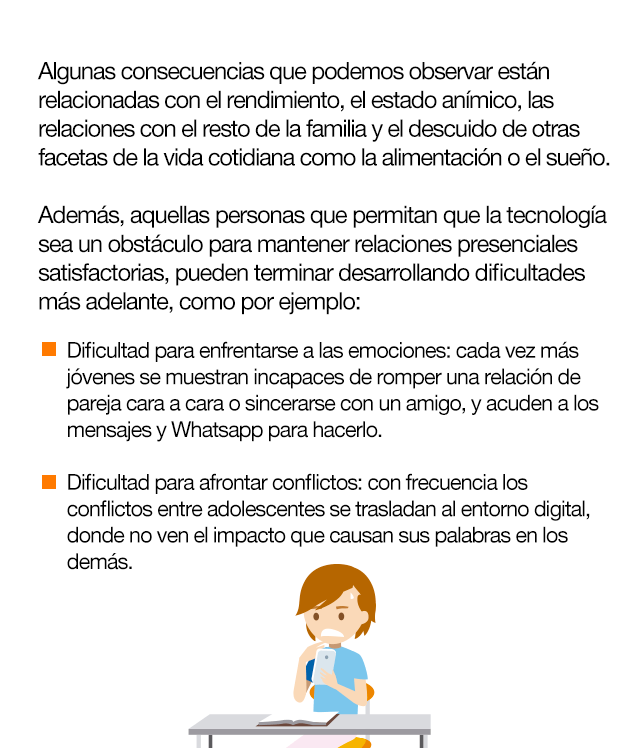 Algunas consecuencias que podemos observar están relacionadas con el rendimiento, el estado anímico, las relaciones con el resto de la familia y el descuido de otras facetas de la vida cotidiana como la alimentación o el sueño. Además, aquellas personas que permitan que la tecnología sea un obstáculo para mantener relaciones presenciales satisfactorias, pueden terminar desarrollando dificultades más adelante, como por ejemplo: Dificultad para enfrentarse a las emociones: cada vez más jóvenes se muestran incapaces de romper una relación de pareja cara a cara o sincerarse con un amigo, y acuden a los mensajes y Whatsapp para hacerlo. Dificultad para afrontar conflictos: con frecuencia los conflictos entre adolescentes se trasladan al entorno digital, donde no ven el impacto que causan sus palabras en los demás.