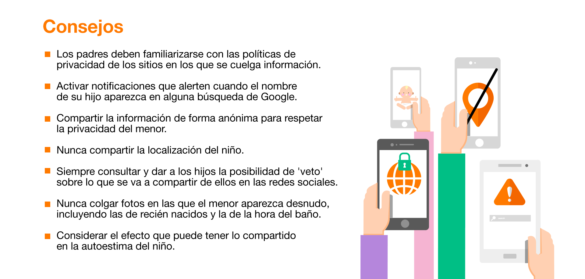 Los padres deben familiarizarse con las políticas de privacidad de los sitios en los que se cuelga información. Activar notificaciones que alerten cuando el nombre de su hijo aparezca en alguna búsqueda de Google. Compartir la información de forma anónima para respetar la privacidad del menor. Nunca compartir la localización del niño. Siempre consultar y dar a los hijos la posibilidad de 'veto' sobre lo que se va a compartir de ellos en las redes sociales.  Nunca colgar fotos en las que el menor aparezca desnudo, incluyendo las de recién nacidos y la de la hora del baño. Considerar el efecto que puede tener lo compartido en la autoestima del niño.