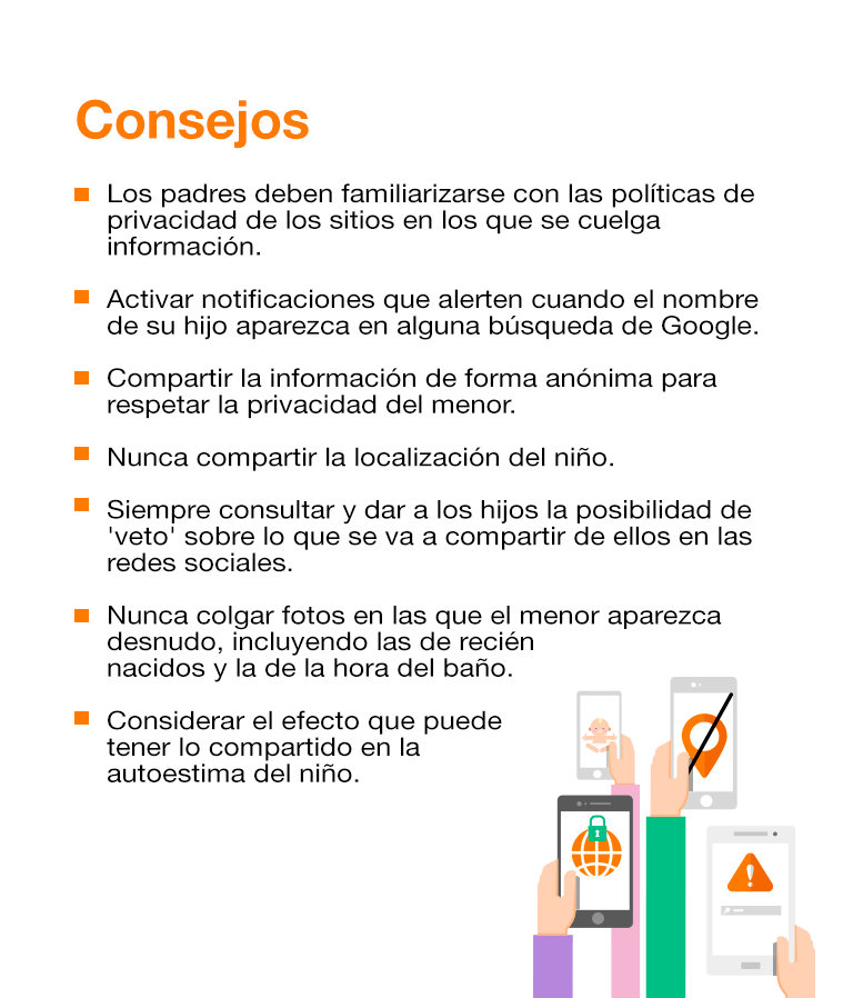 Los padres deben familiarizarse con las políticas de privacidad de los sitios en los que se cuelga información. Activar notificaciones que alerten cuando el nombre de su hijo aparezca en alguna búsqueda de Google. Compartir la información de forma anónima para respetar la privacidad del menor. Nunca compartir la localización del niño. Siempre consultar y dar a los hijos la posibilidad de 'veto' sobre lo que se va a compartir de ellos en las redes sociales.  Nunca colgar fotos en las que el menor aparezca desnudo, incluyendo las de recién nacidos y la de la hora del baño. Considerar el efecto que puede tener lo compartido en la autoestima del niño.