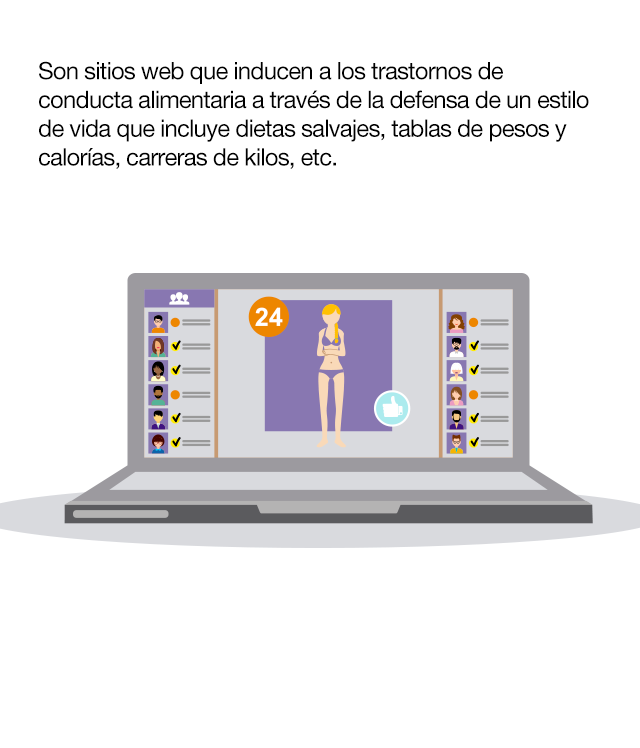 ¿Sabes qué son y dónde están los perfiles pro-Ana y pro-Mía?  Son sitios web que inducen a los trastornos de conducta alimentaria a través de la defensa de un estilo de vida que incluye dietas salvajes, tablas de pesos y calorías, carreras de kilos, etc. Un conjunto de comportamientos que muchos jóvenes adoptan como opción personal en edades cada vez más tempranas:• El 78% de los usuarios son menores de edad. • El 95% son chicas. •   El 70% están en fase inicial. • El 59,2 % de pacientes con TCA en su primera búsqueda de Internet buscan contenidos no saludables. • El 71,3% de enfermos reconocen que esas búsquedas influyen negativamente en su trastorno. ¿Quiénes crean y quiénes siguen las páginas pro-ANA y pro-MIA? Estas páginas y perfiles pro-ANA y pro-MIA son frecuentadas, y en ocasiones creadas, por menores de edad, e incluyen distintos tipos de contenidos que las convierten en un verdadero peligro: · Mensajes, muros y foros de apoyo mutuo para anoréxicas y bulímicas. · Consejos para perder peso de forma radical. · Dietas férreas y peligrosas. · Consejos para engañar a los padres. · Consejos para falsear los resultados de los análisis clínicos. · Técnicas que implican el dolor como una forma de quemar grasas. · Frases y mantras en las que se personifica la anorexia o bulimia nerviosa y se las presenta como una amiga real.