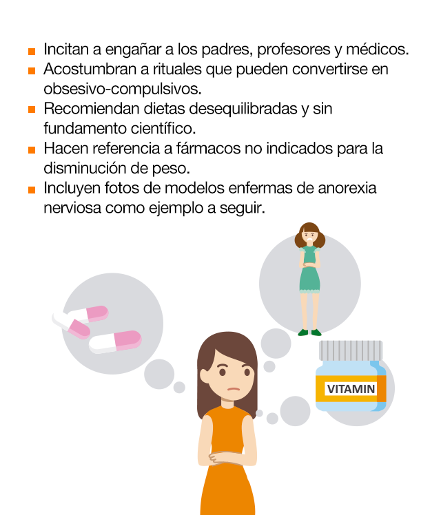 Por qué estos contenidos son peligrosos? Hay que estar alerta con los contenidos de los perfiles que promueven los TCA porque... · Refuerzan la conducta de los menores desarrollando un sentimiento de pertenencia al grupo. · Impulsan a desarrollar lo que consideran un “estilo de vida”. · Compiten, organizando “carreras de kilos” para bajar el mayor peso en el menor tiempo. 
			· Recomiendan la inducción al autocastigo y la autoagresión. · Los trucos para adelgazar suponer un riesgo real para su salud. · Incitan a engañar a los padres, profesores y médicos.
			· Acostumbran a rituales que pueden convertirse en obsesivo-compulsivos. · Recomiendan dietas desequilibradas y sin fundamento científico. · Hacen referencia a fármacos no indicados para la disminución de peso. · Incluyen fotos de modelos enfermas de anorexia nerviosa como ejemplo a seguir.