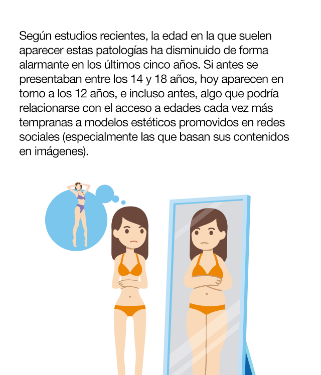 ¿Qué son los trastornos de la conducta alimentaria o TCA? Son trastornos de origen mental que se caracterizan por una preocupación excesiva por la comida. Esto hace que las personas cambien sus hábitos alimenticios y su comportamiento, llegando en ocasiones a situaciones graves de desnutrición. Los TCA más comunes son la anorexia y la bulimia. Según estudios recientes, la edad en la que suelen aparecer estas patologías ha disminuido de forma alarmante en los últimos cinco años. Si antes se presentaban entre los 14 y 18 años, hoy aparecen en torno a los 12 años, e incluso antes, algo que podría relacionarse con el acceso a edades cada vez más tempranas a modelos estéticos promovidos en redes sociales (especialmente las que basan sus contenidos en imágenes).