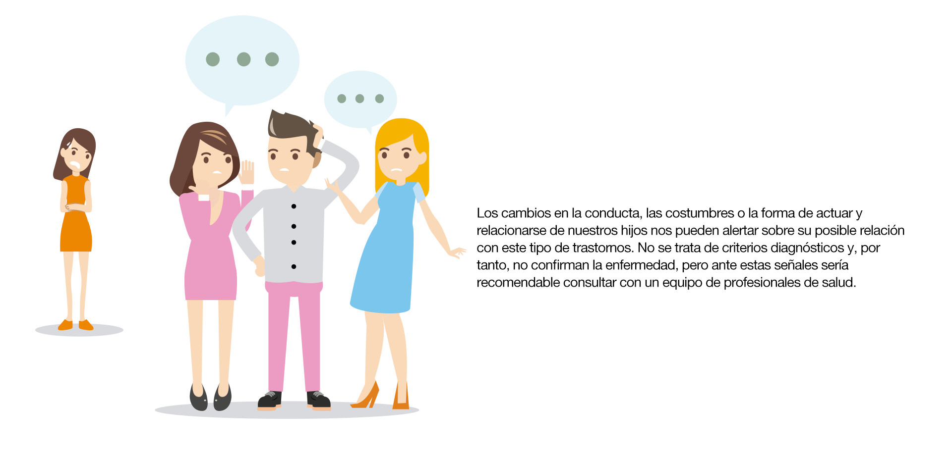 ¿Qué señales nos ayudan a identificar el problema? Los cambios en la conducta, las costumbres o la forma de actuar y relacionarse de nuestros hijos nos pueden alertar sobre su posible relación con este tipo de trastornos. No se trata de criterios diagnósticos y, por tanto, no confirman la enfermedad, pero ante estas señales sería recomendable consultar con un equipo de profesionales de salud. Cambios de conducta · Inician dietas injustificadas, sin consultar a nadie. · Se purgan con vómitos y laxantes. · Rechazan alimentos. · Trocean mucho los alimentos. · Discuten o regatean las raciones. · Beben agua en gran cantidad, antes o durante las comidas. · Tienen un interés obsesivo por las calorías de los alimentos o su preparación. · Mienten sobre la comida.· Intentan comer fuera de casa, a solas o sin la presencia de la familia. · Comienzan a realizar ejercicio físico intenso, a solas o a escondidas. · Visitan páginas de modelos o influencers extremadamente delgadas. · Se aislan  social y familiarmente. Cambios psicológicos · Preocupación por su peso y por la posibilidad de engordar. · Se considera demasiado gorda o ancha. · Es muy crítica consigo misma. · Cae su autoestima. · Empobrecimiento de la creatividad. · Dificultades de concentración y fallos de memoria. Cambios emocionales · Cambios en su carácter y humor. · Llora con facilidad y tiene problemas de insomnio. · Desarrolla ansiedad. · Puede aparecer fobia generalizada o fobia social.